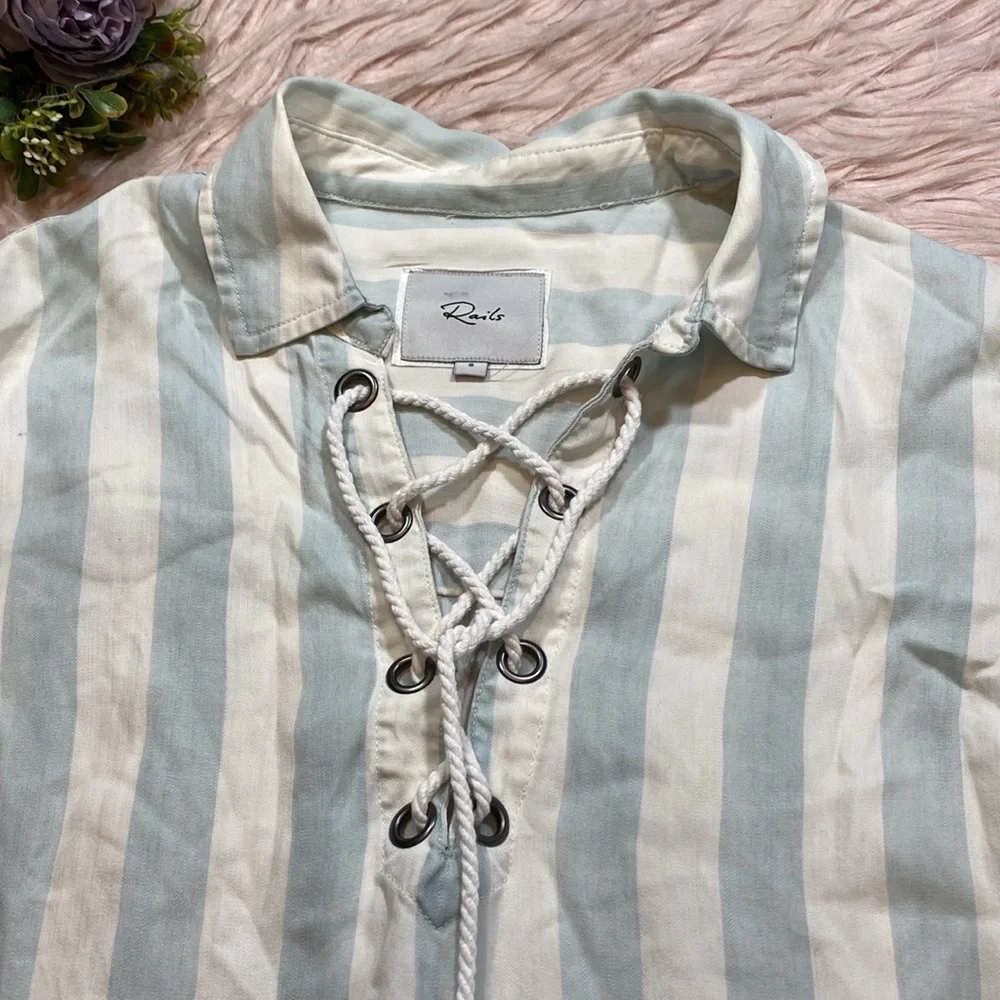 Rails Utility Blue White Tie Front Stripe Blouse sz S - Picture 3 of 9